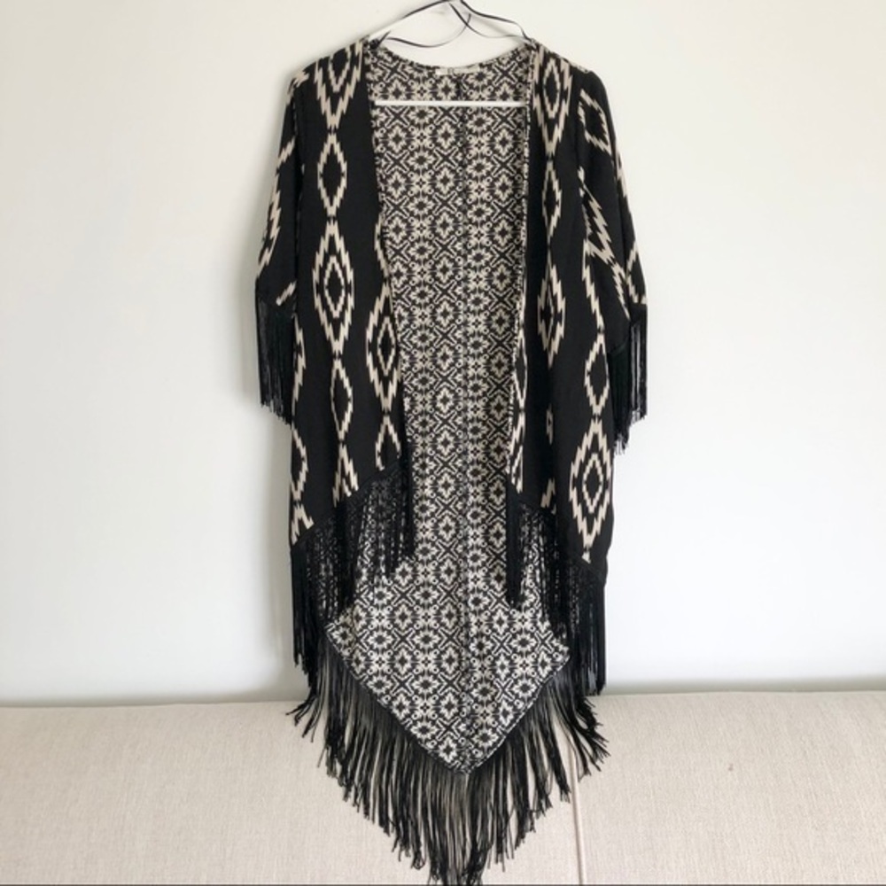 Long Kimono Black and Cream with Fringe Hippie Sm